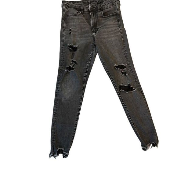 American Eagle Super High Rise Jegging Crop Distressed Black Jeans 8 - Picture 1 of 5